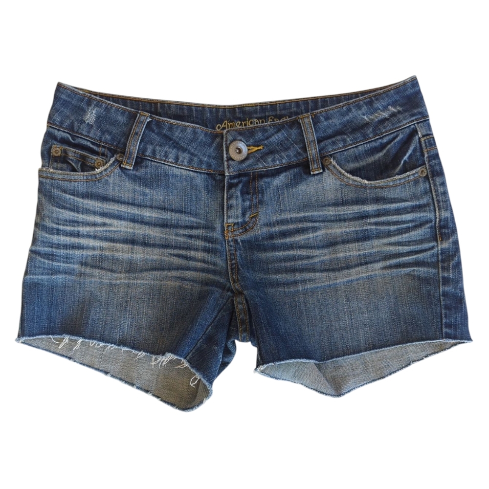AEO Distressed Frayed Hem Denim Cut Off Jean Shorts 4 Blue Pockets FLAW